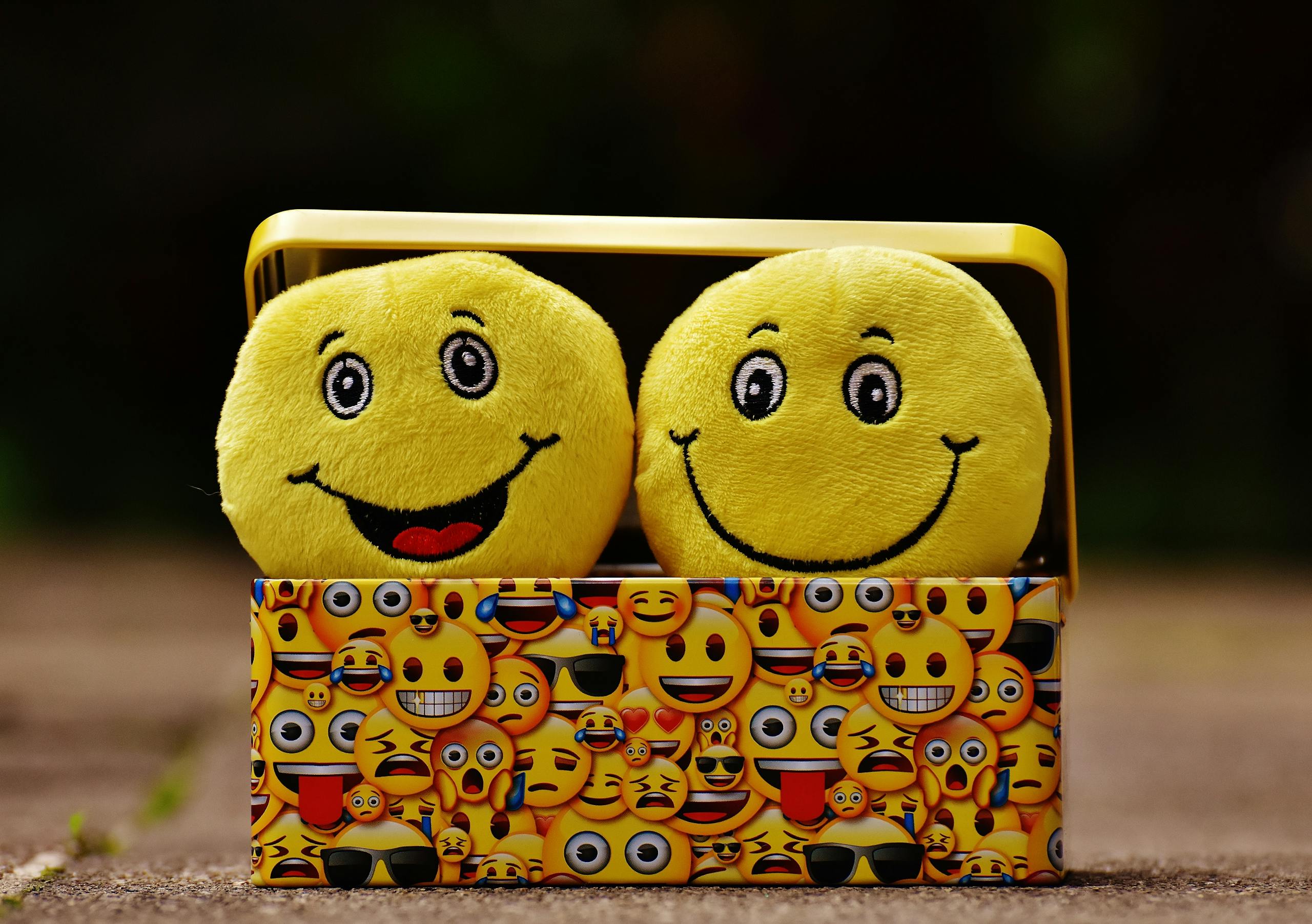 Deux peluches smiley jaunes dans une boîte à thème emoji, symboles de bonne humeur.